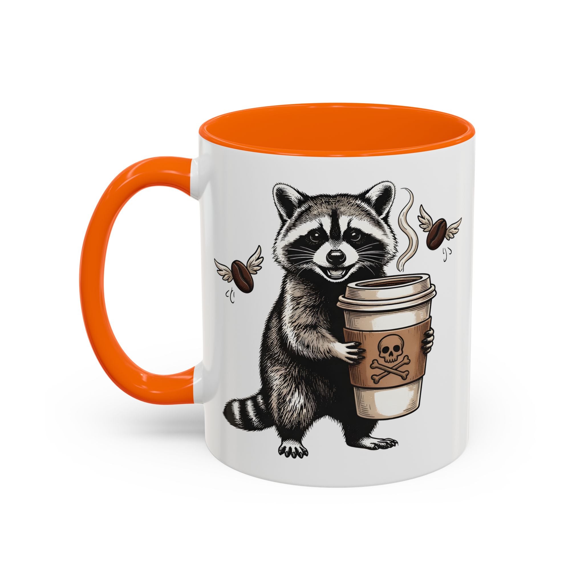 White ceramic mug with an orange handle and interior, featuring a raccoon holding a coffee cup.