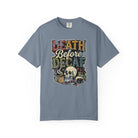 Blue unisex cotton t-shirt with a distressed graphic of a skull, coffee mug, and coffee pot.
