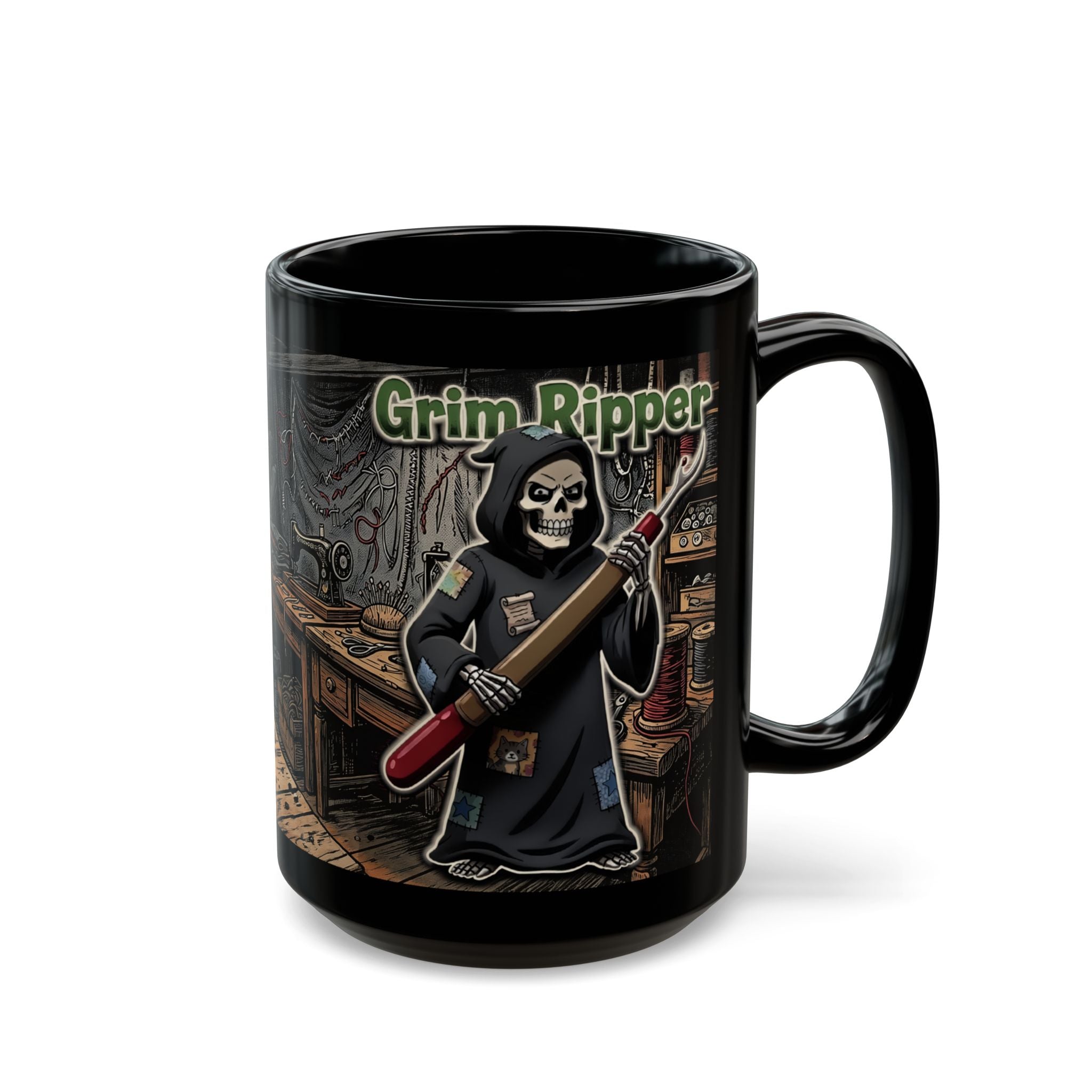 Black ceramic coffee mug featuring a Grim Ripper character holding a large seam ripper tool.