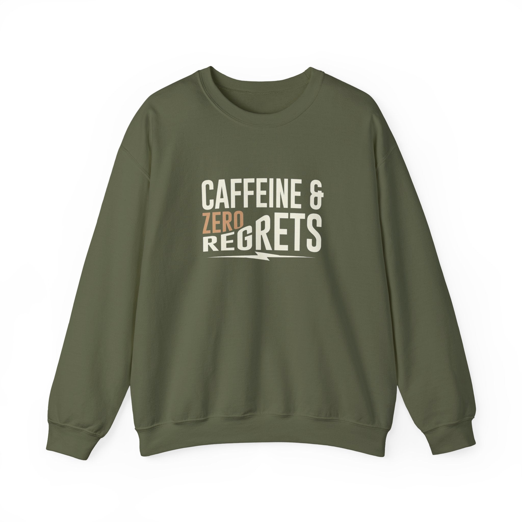 Caffeine & Zero Regrets Funny Coffee Sweatshirt | Gildan 18000 Crewneck