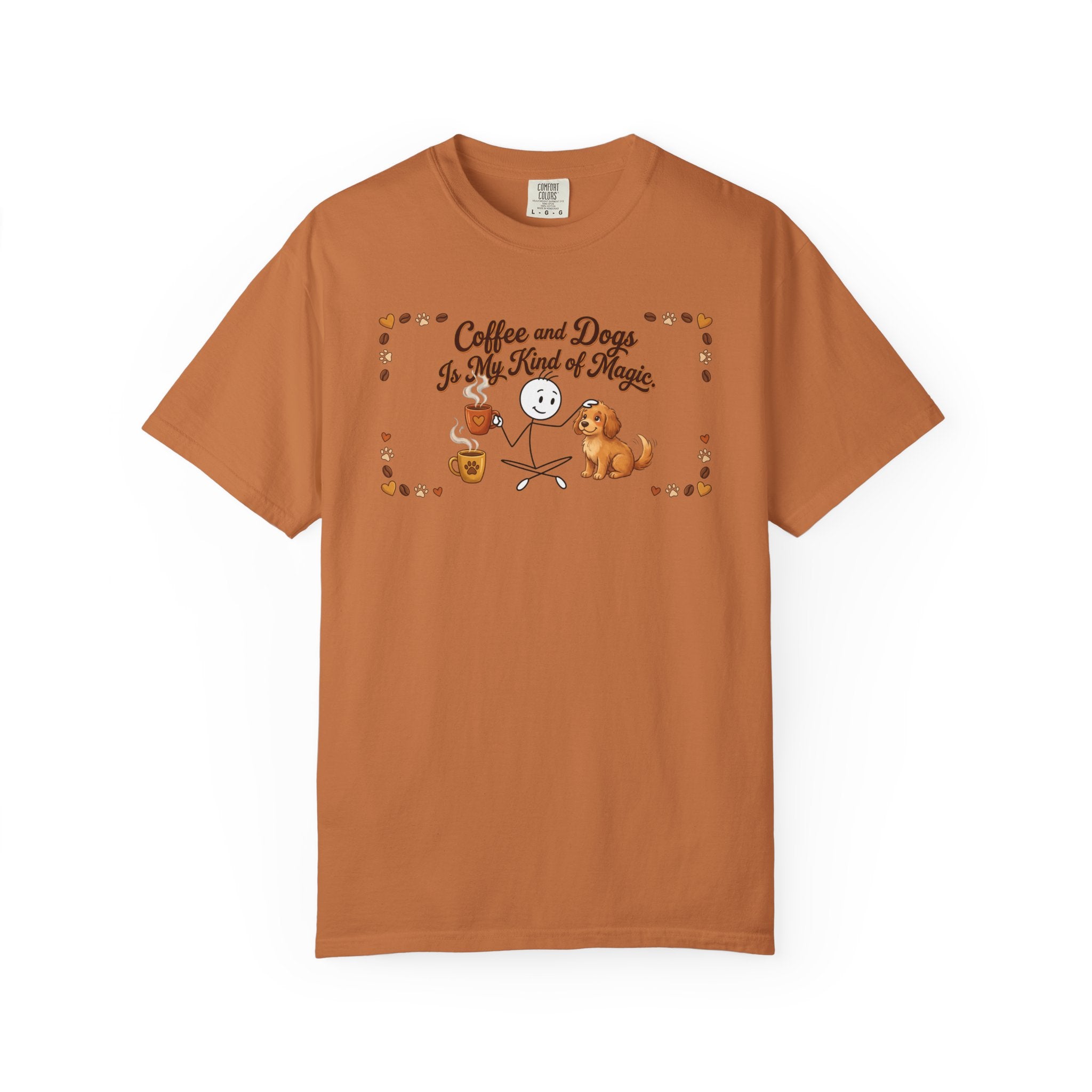 Rust-colored t-shirt with a stick figure petting a dog and holding a coffee mug.