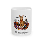 Personalized Abyssinian cat Halloween mug, 11oz white ceramic, with custom pet name on front