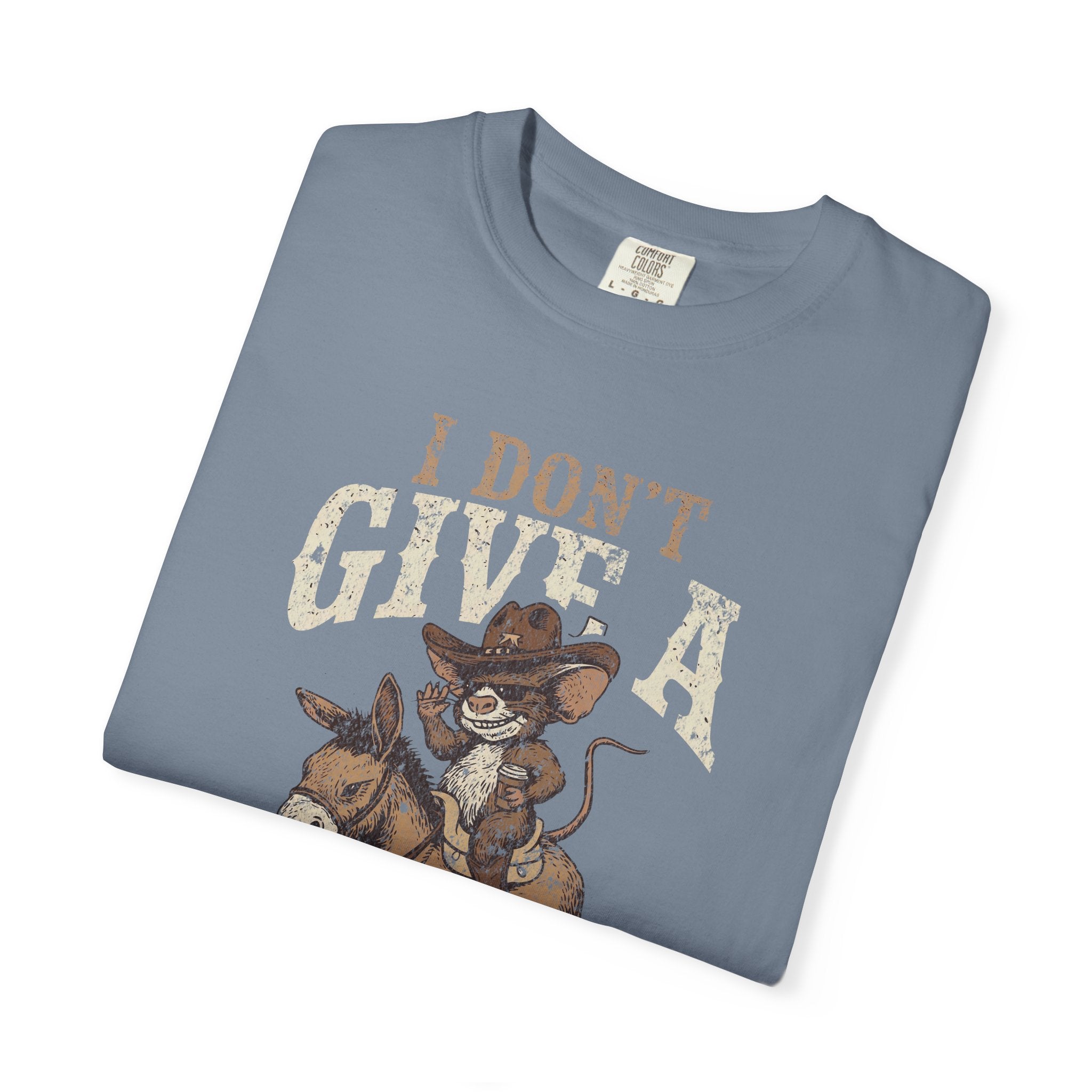 Blue unisex cotton t-shirt with a distressed graphic of a cowboy rat riding a donkey.