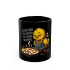 Black coffee mug featuring a tired chick wearing an apron and cooking eggs with latte art.