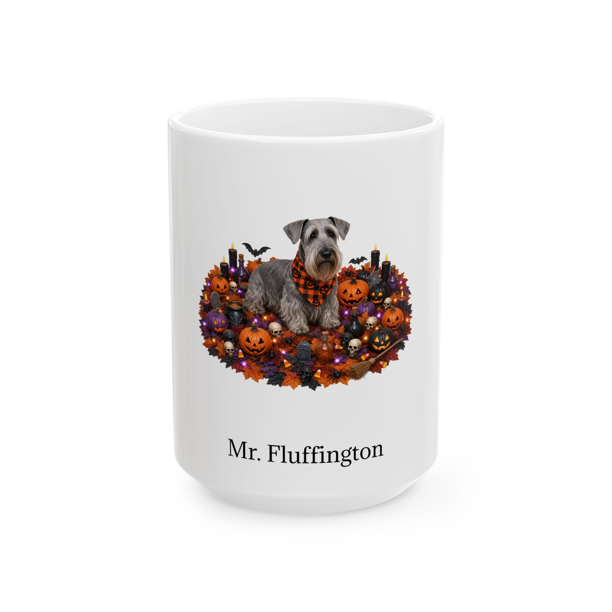 Personalized Cesky Terrier dog Halloween mug, 11oz white ceramic, with custom pet name on front