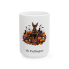 Personalized Miniature Pinscher dog Halloween mug, 15oz white ceramic, with custom pet name on front