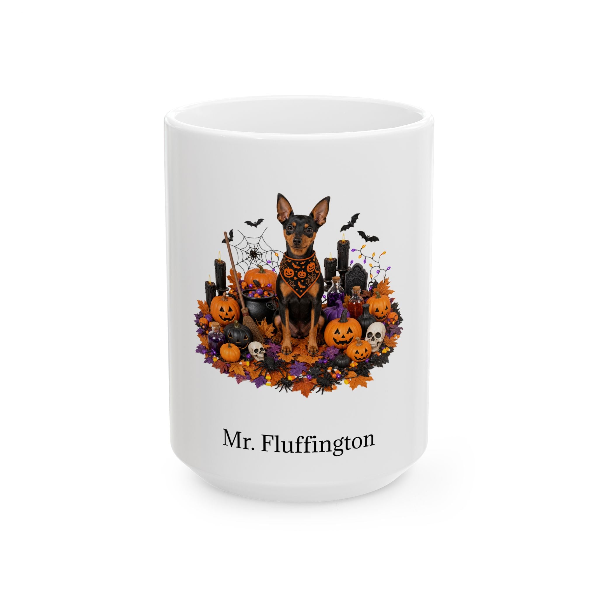 Personalized Miniature Pinscher dog Halloween mug, 15oz white ceramic, with custom pet name on front