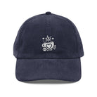 Navy blue corduroy baseball cap with an embroidered white coffee cup and heart logo.
