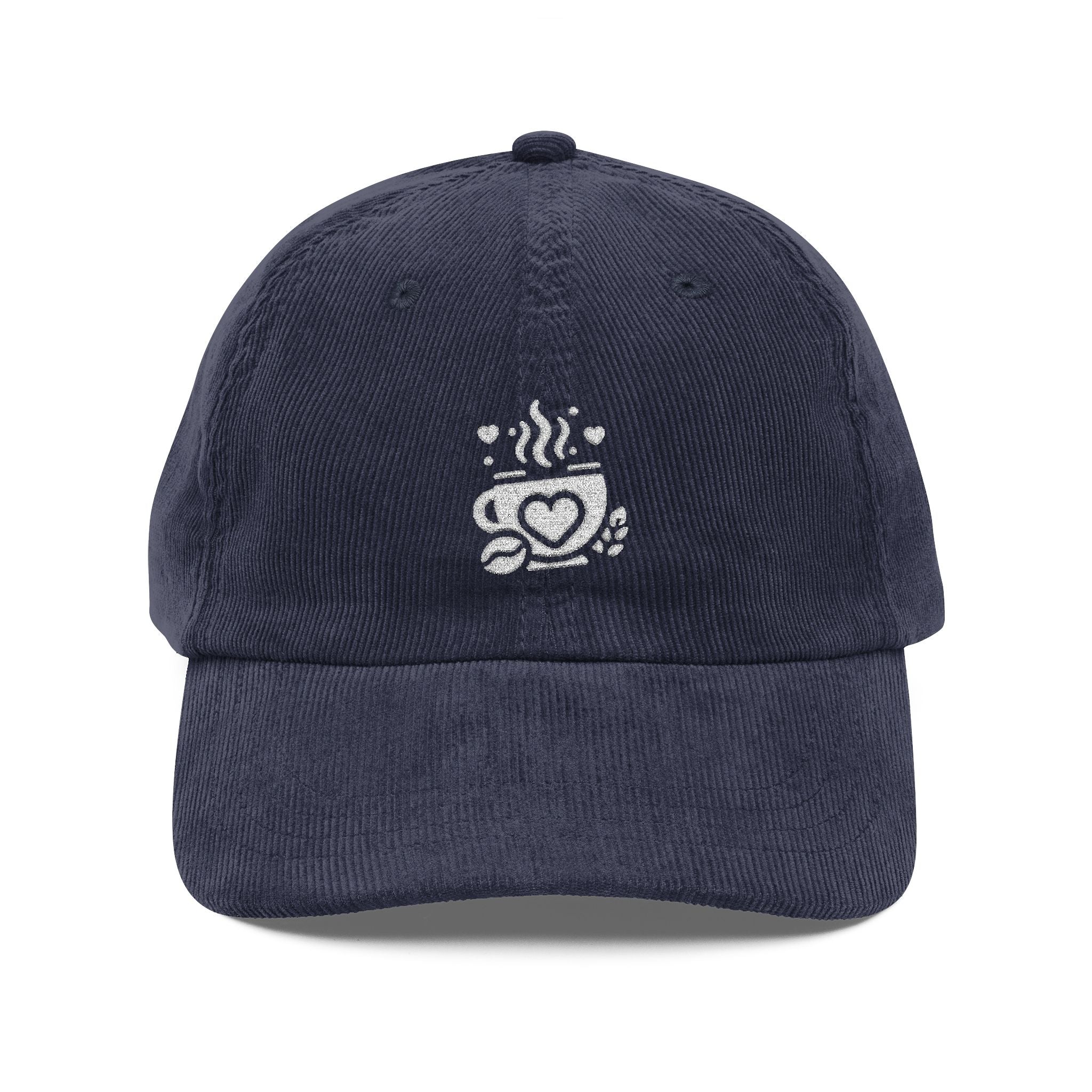 Navy blue corduroy baseball cap with an embroidered white coffee cup and heart logo.