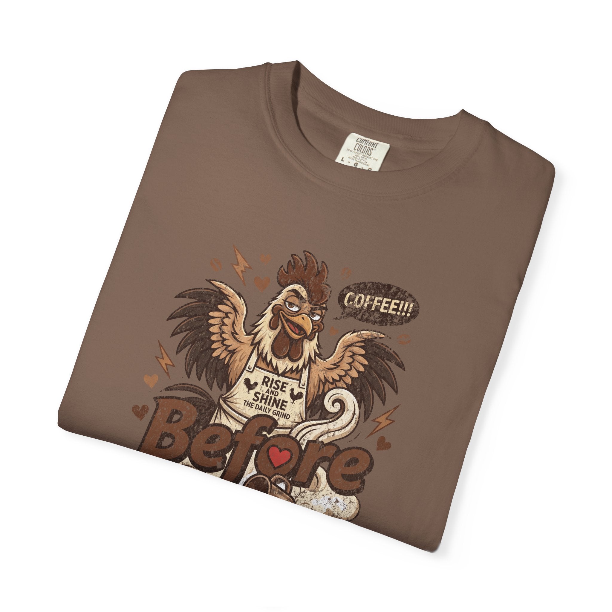Brown unisex cotton t-shirt featuring a distressed graphic of a rooster wearing a coffee apron.