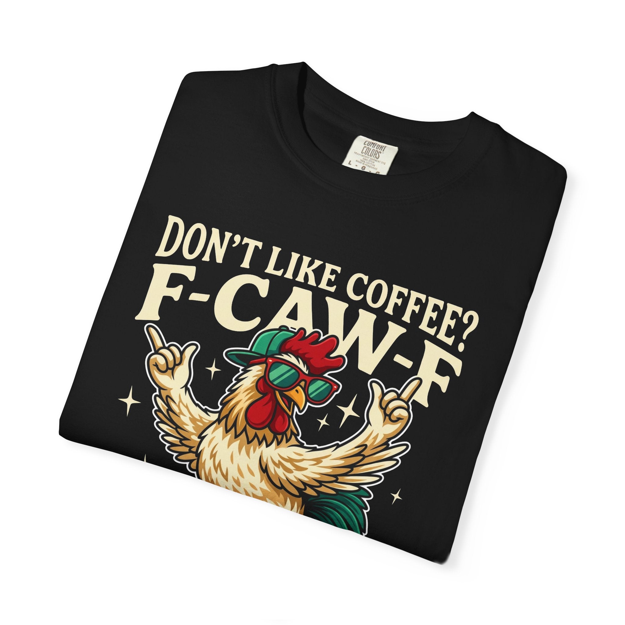 Black cotton crewneck t-shirt featuring a graphic of a rooster wearing sunglasses and a cap.