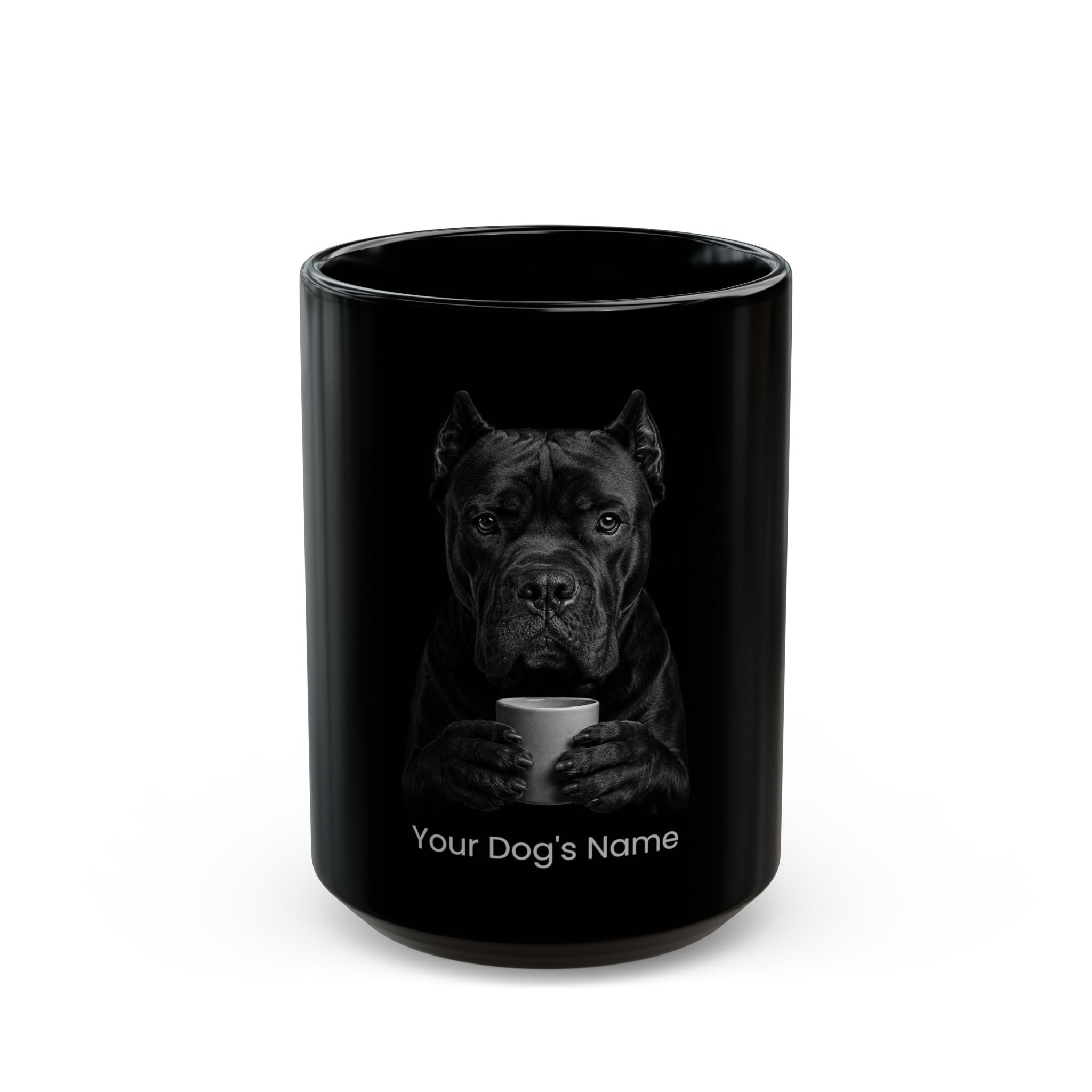 Personalized Cane Corso Clipped black ceramic coffee mug with custom dog name