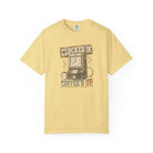 Light yellow Comfort Colors 1717 t-shirt with a vintage clock and coffee graphic on the front.