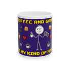 A white ceramic mug featuring a stick figure holding a coffee cup and a retro game controller.