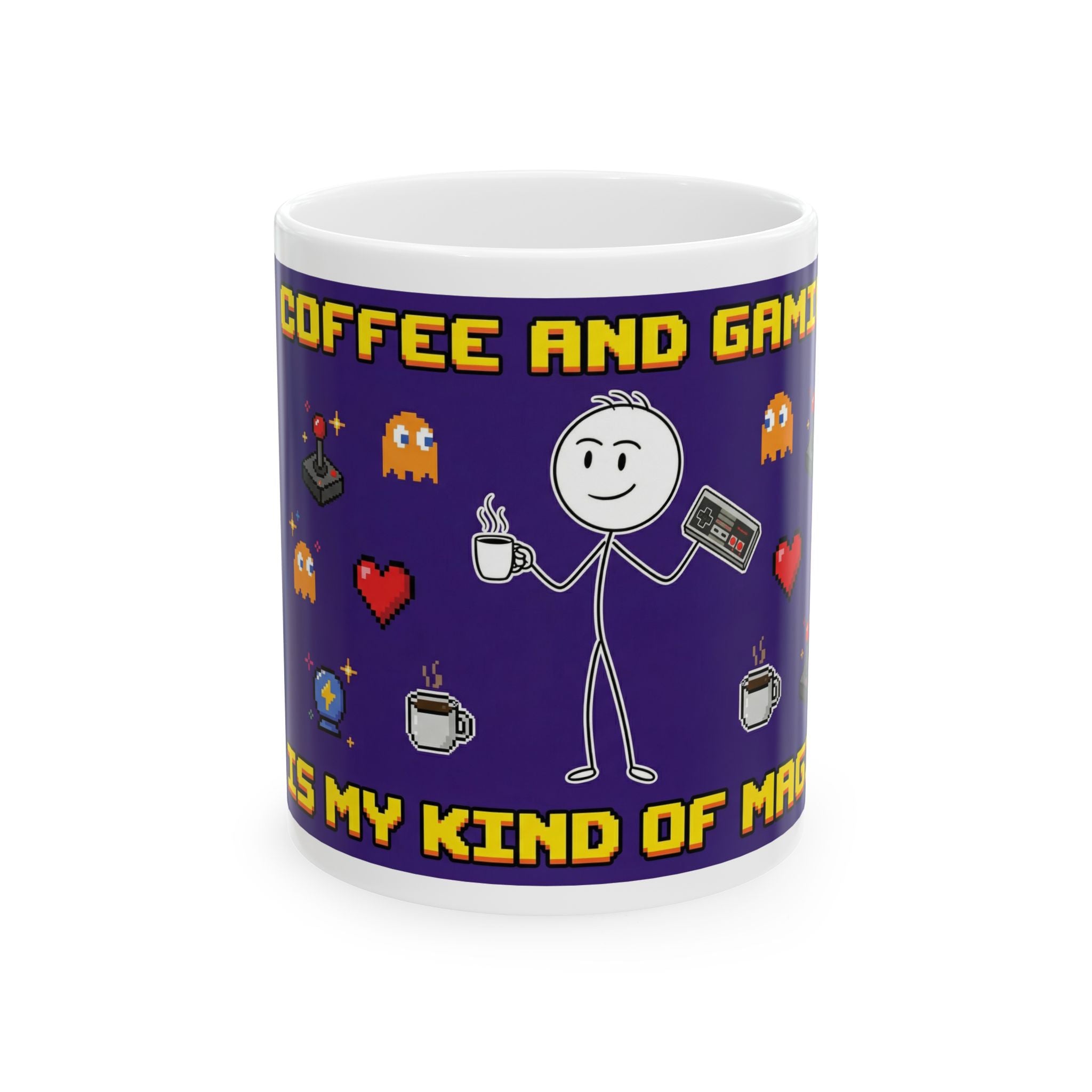 A white ceramic mug featuring a stick figure holding a coffee cup and a retro game controller.