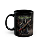 Black ceramic mug featuring a Grim Reaper holding a seam ripper in a sewing room setting.