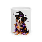 Personalized Bernese Mountain Dog Halloween mug, 15oz white ceramic, with custom pet name on front