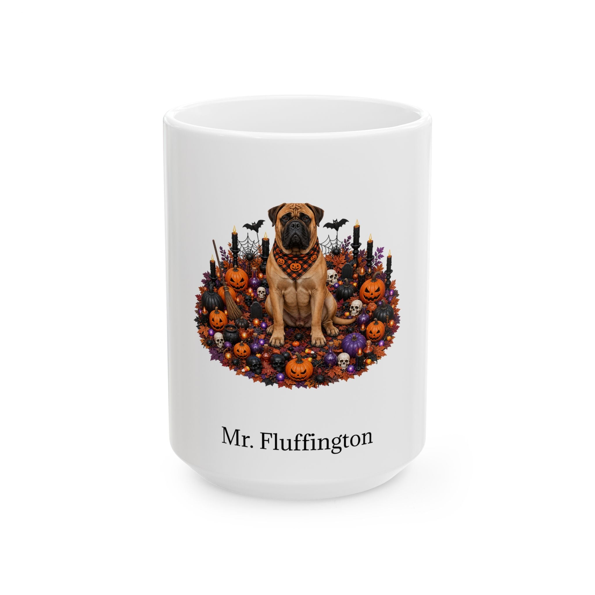 Personalized Bullmastiff dog Halloween mug, 15oz white ceramic, with custom pet name on front