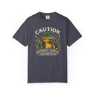 Dark grey t-shirt featuring a graphic of a frog making peace signs with the text Caution No Filter.