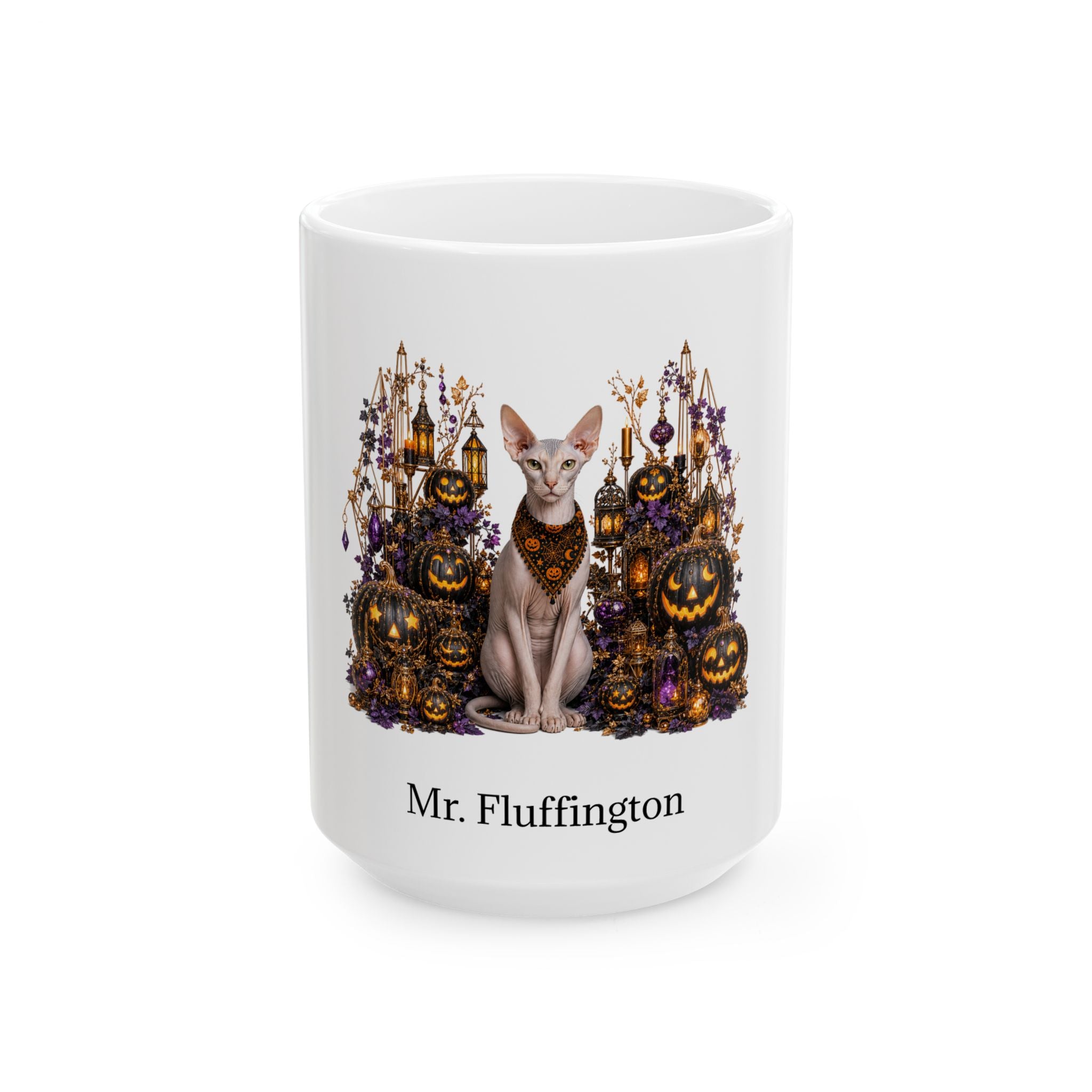 Personalized Peterbald cat Halloween mug, 15oz white ceramic, with custom pet name on front