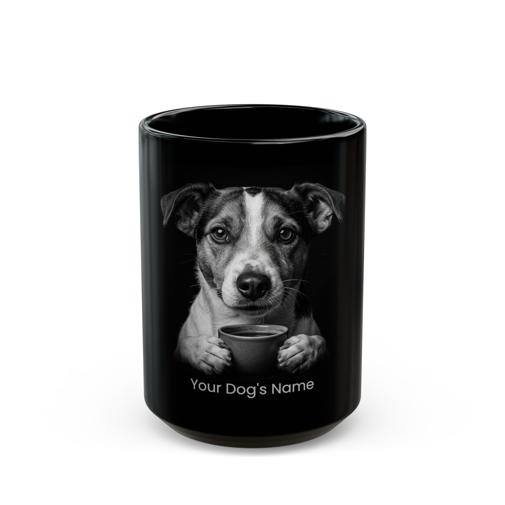 Personalized Jack Russell Terrier black ceramic coffee mug with custom dog name