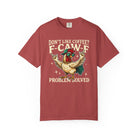 Red crewneck t-shirt featuring a graphic of a rooster wearing sunglasses and a baseball cap.