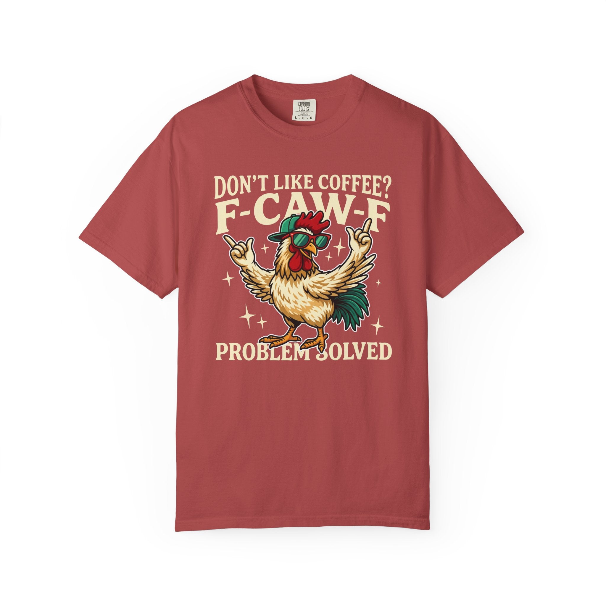 Red crewneck t-shirt featuring a graphic of a rooster wearing sunglasses and a baseball cap.