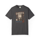 Charcoal grey Comfort Colors t-shirt with a vintage graphic of a time clock and coffee mug.