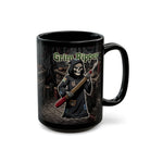 Black ceramic mug featuring a Grim Reaper holding a seam ripper in a sewing room setting.