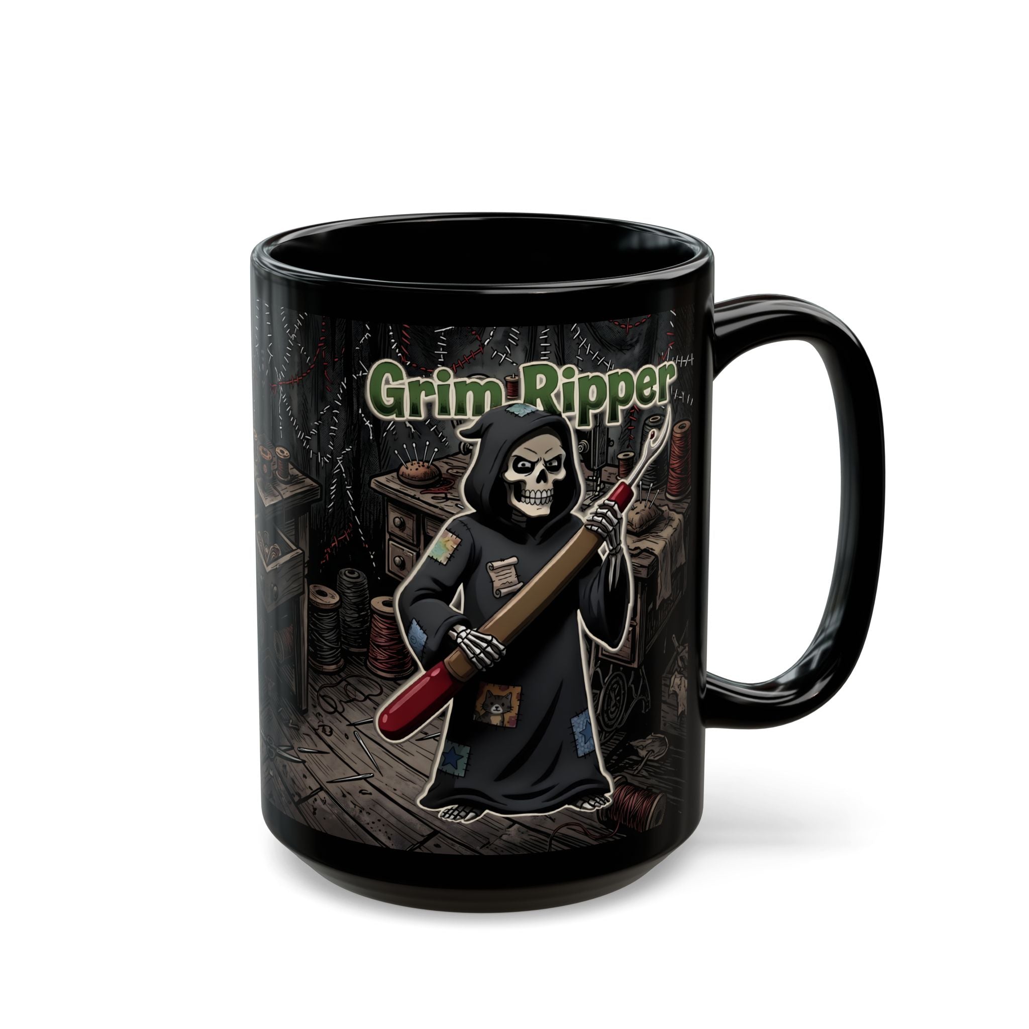 Black ceramic mug featuring a Grim Reaper holding a seam ripper in a sewing room setting.