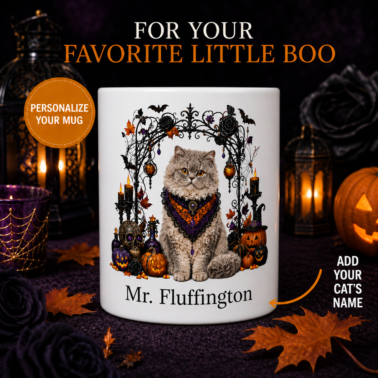 Personalized Selkirk Rex Cat Halloween Mug – Custom Pet Name Gift – front view with no handle