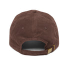 Back view of a brown corduroy baseball cap with an adjustable gold metal buckle strap.