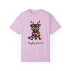 Light purple Comfort Colors t-shirt featuring a Yorkie with reindeer antlers and Christmas lights.