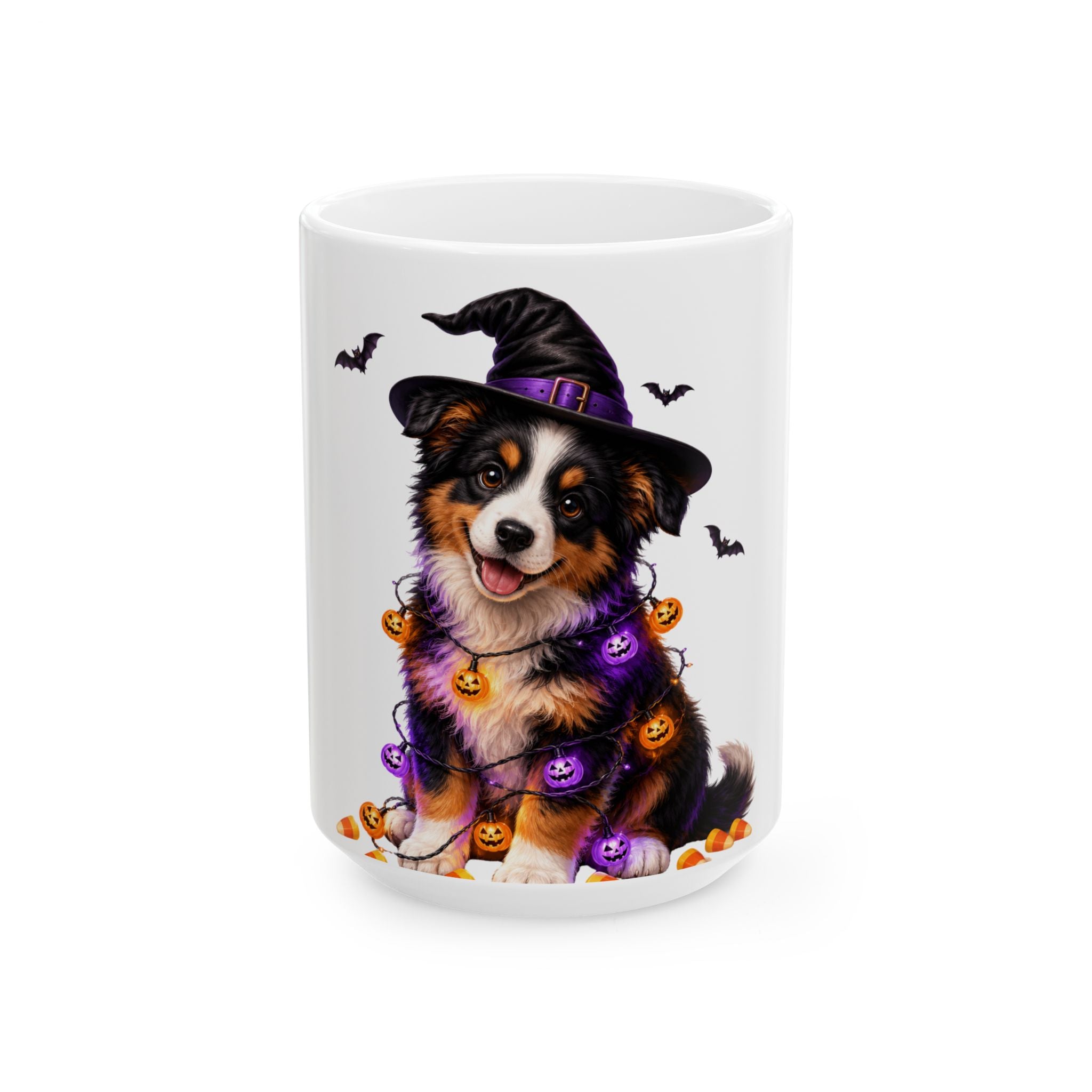 Personalized Bernese Mountain Dog Halloween mug, 11oz white ceramic, with custom pet name on front