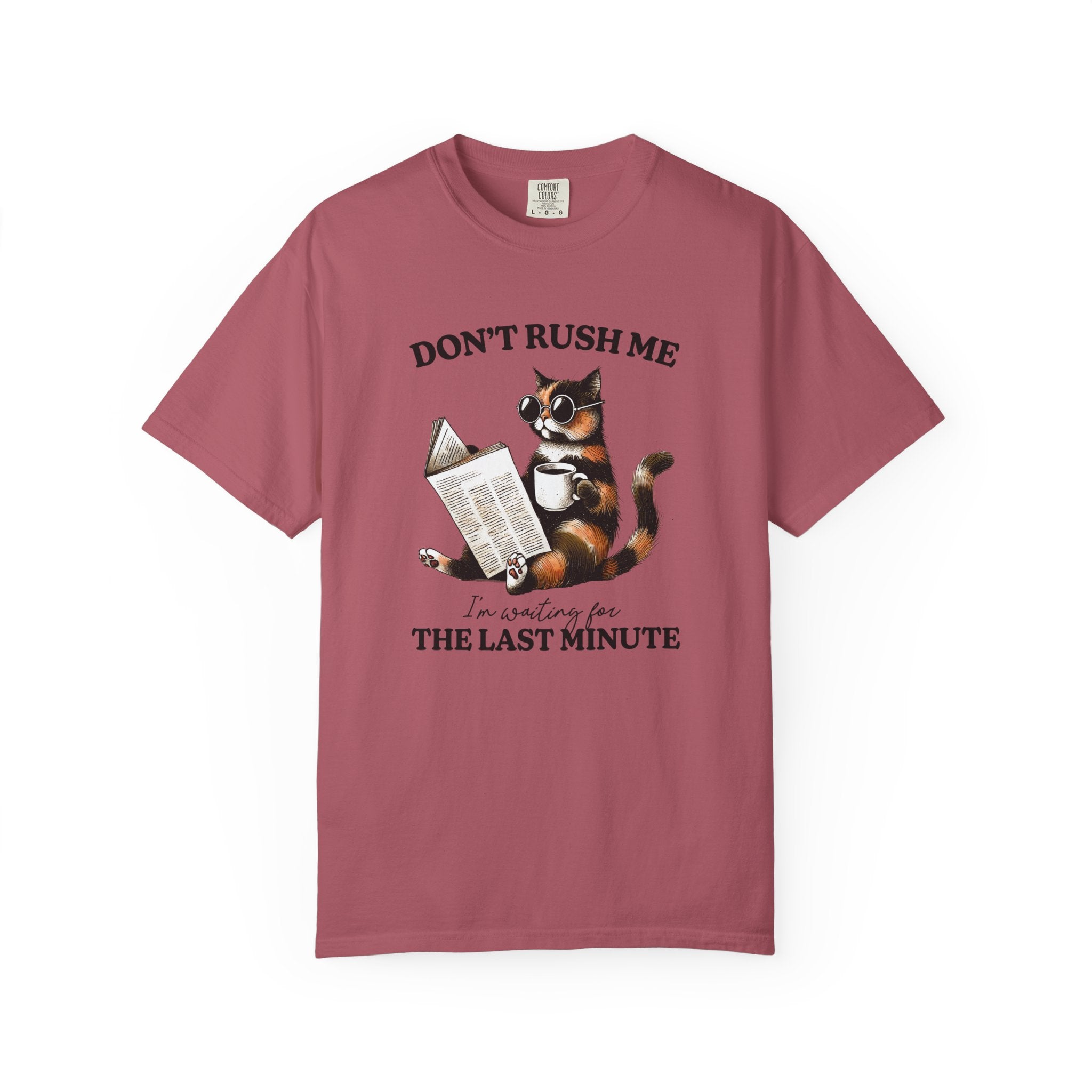 A dusty rose vintage cotton t-shirt featuring a graphic of a cat reading with coffee.