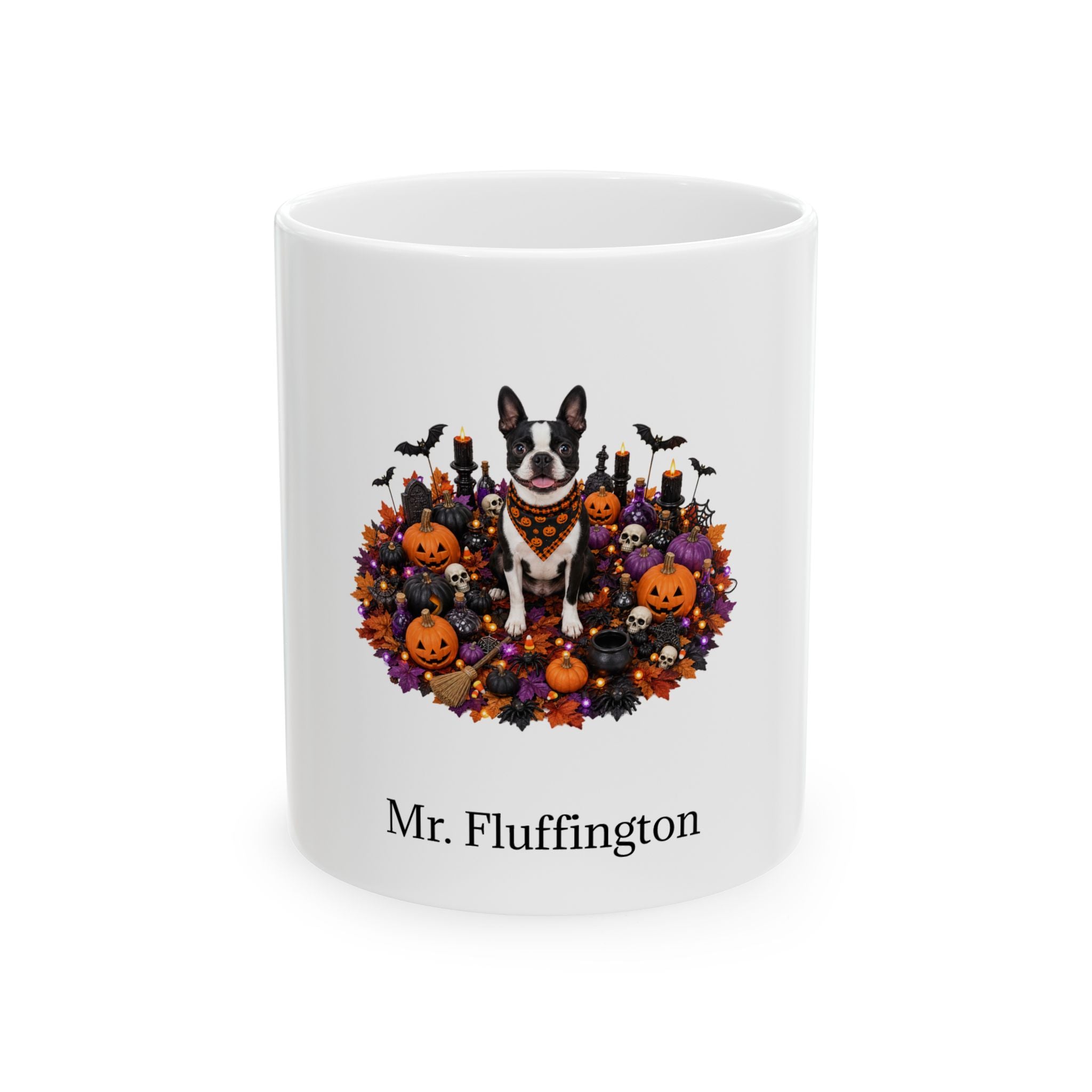 Personalized Boston Terrier dog Halloween mug, 15oz white ceramic, with custom pet name on front