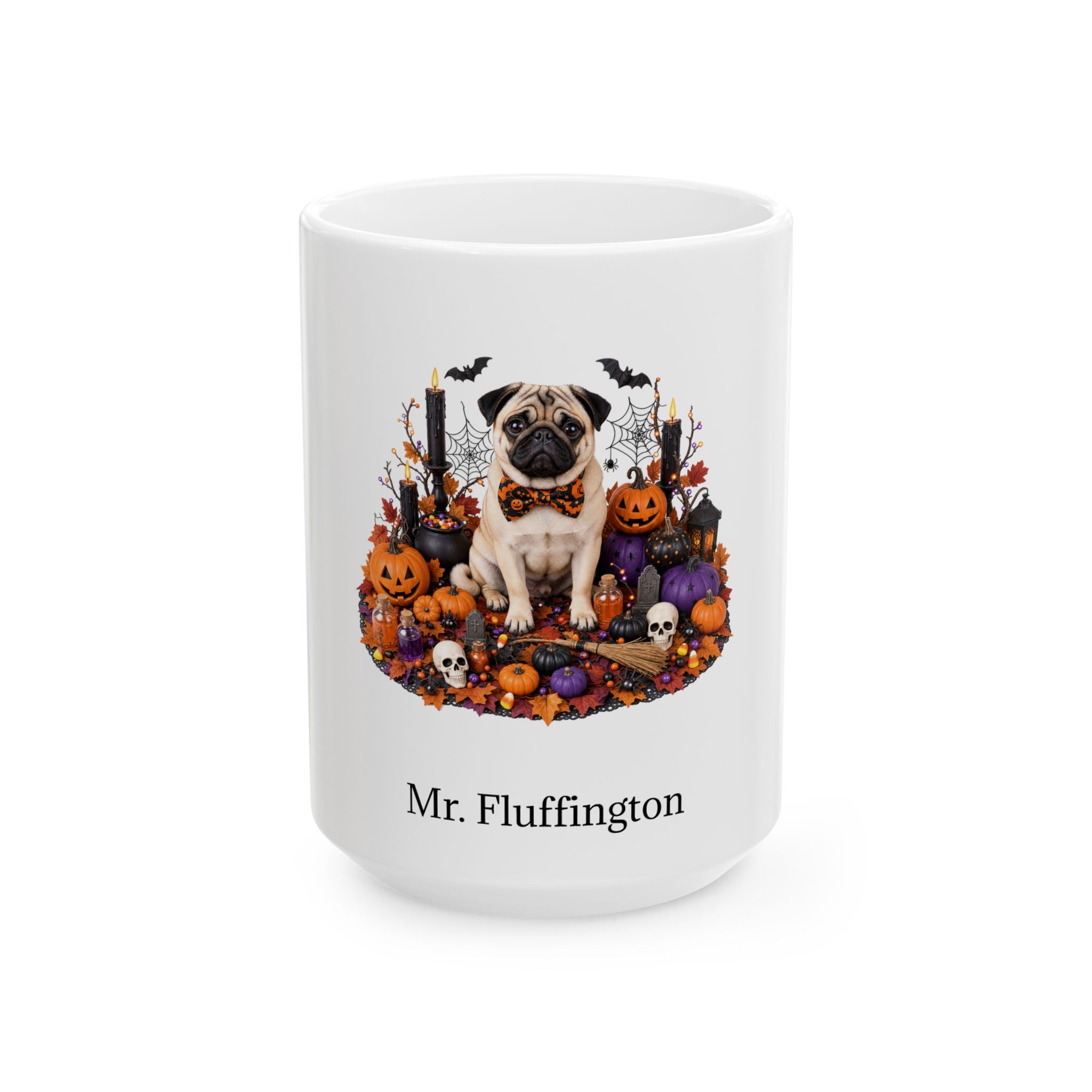 Personalized Pug dog Halloween mug, 15oz white ceramic, with custom pet name on front