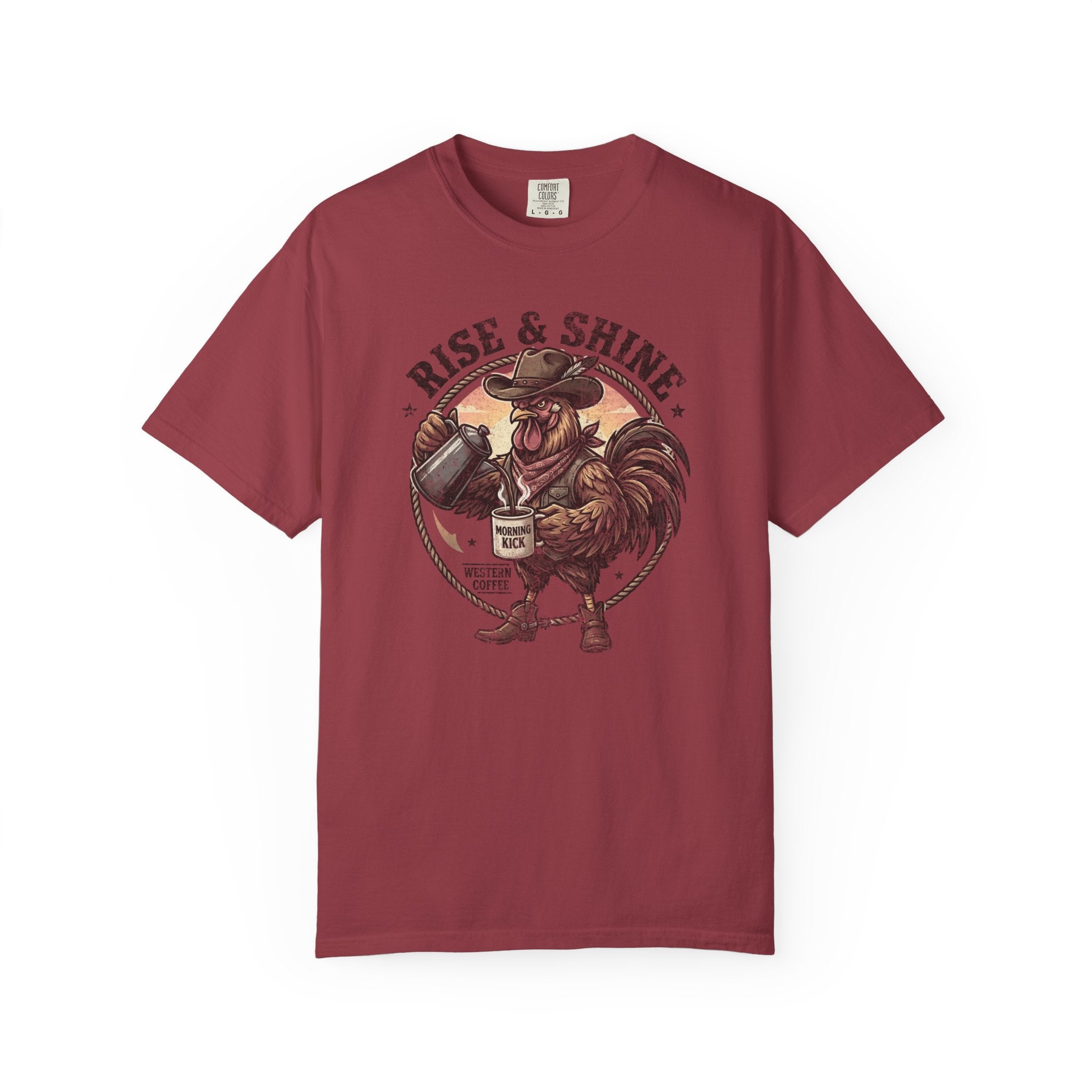 Red t-shirt featuring a graphic of a cowboy rooster pouring coffee with the text Rise & Shine.