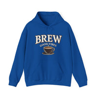 A blue hoodie with "BREW GOOD VIBES" and a coffee cup graphic on the front.