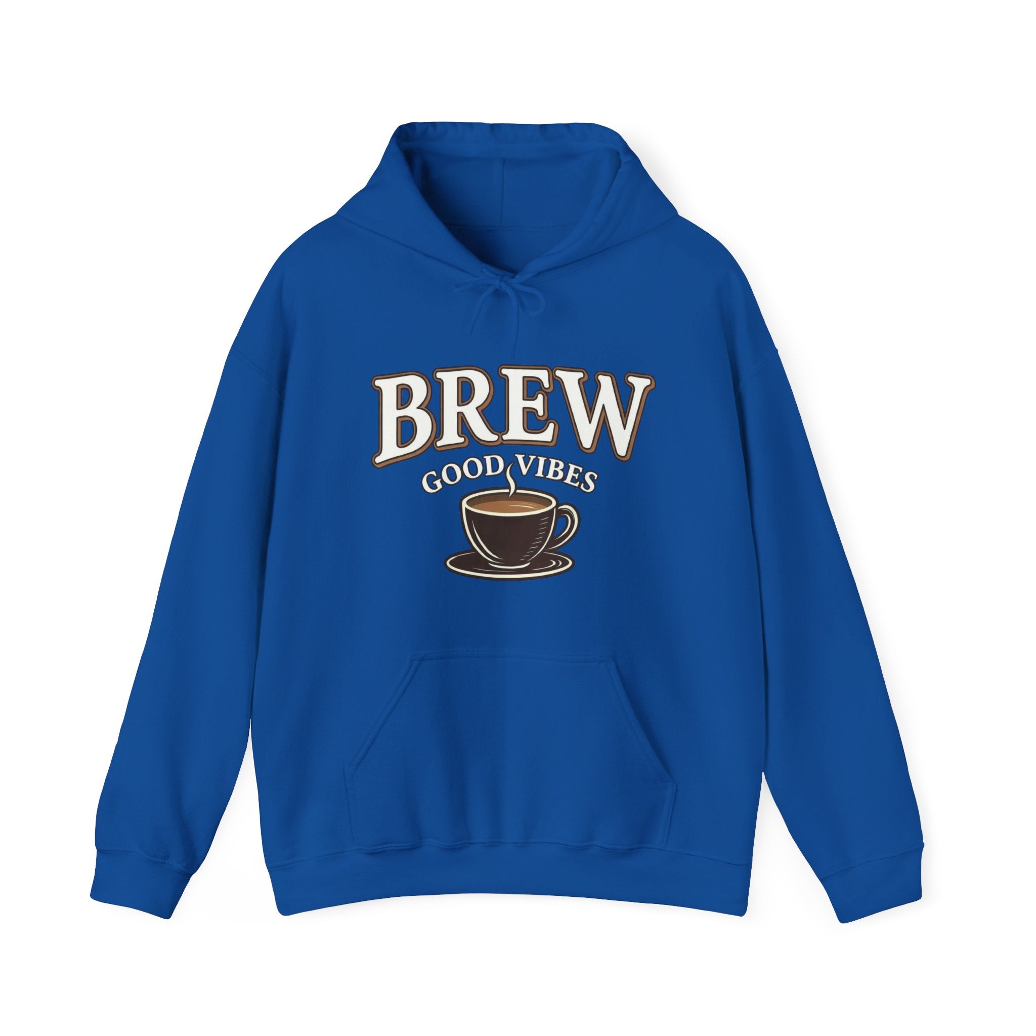 A blue hoodie with "BREW GOOD VIBES" and a coffee cup graphic on the front.