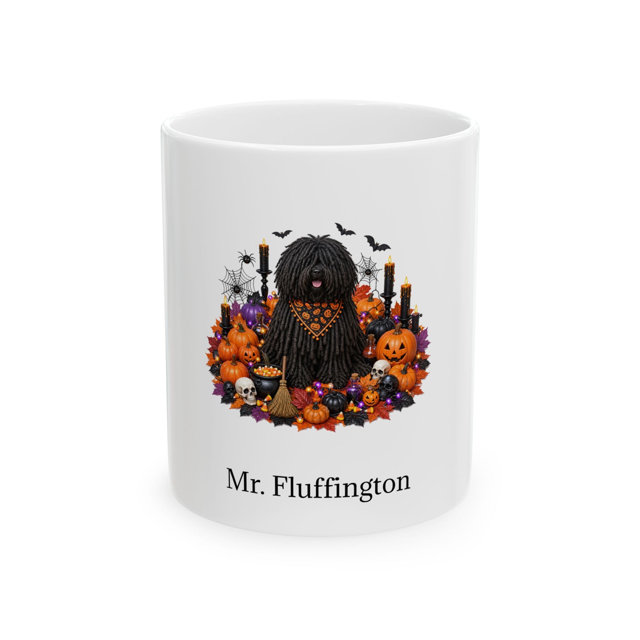 Personalized Puli dog Halloween mug, 11oz white ceramic, with custom pet name on front