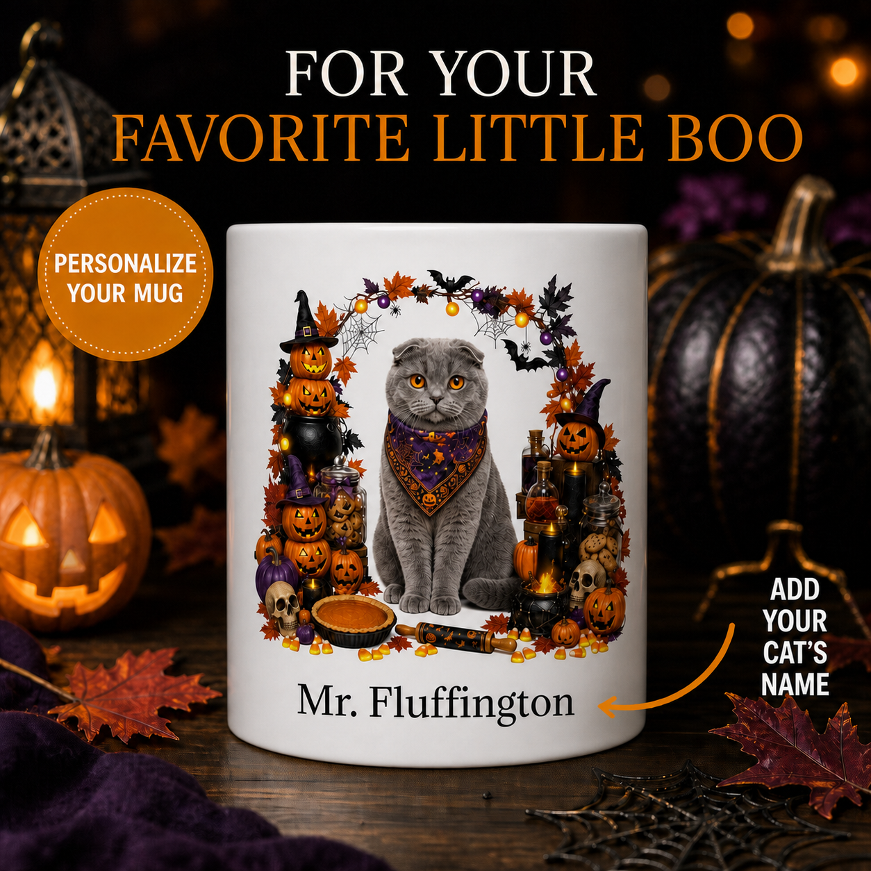 Personalized Scottish Fold Cat Halloween Mug – Custom Pet Name Gift – front view with no handle