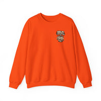 An orange crewneck sweatshirt featuring a graphic of a stressed coffee cup with the text Help.