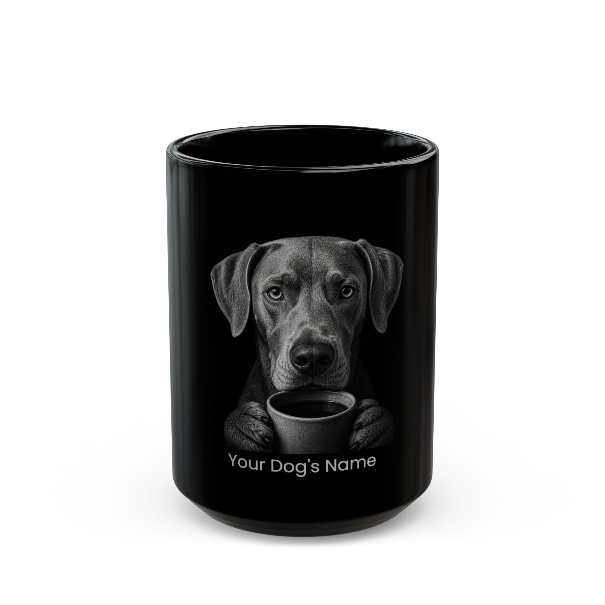 Personalized Blue Lacy black ceramic coffee mug with custom dog name