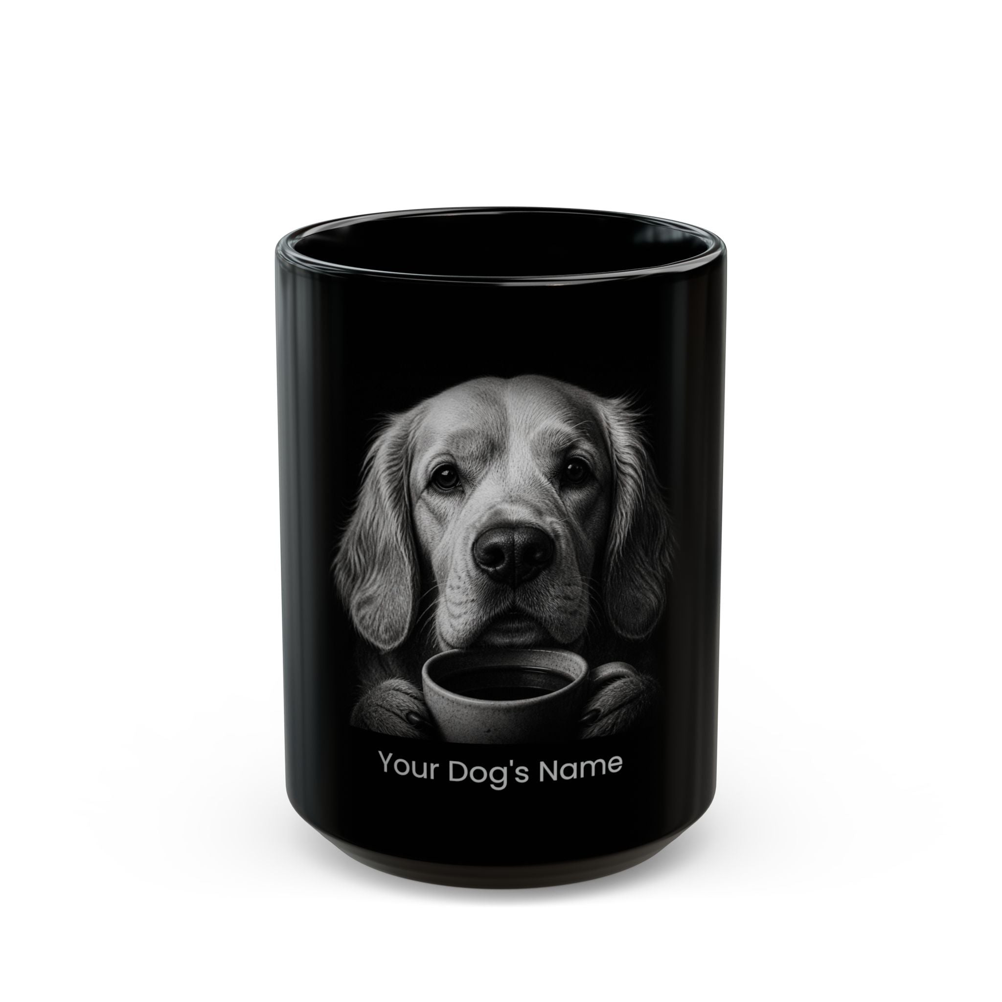 Personalized Clumber Spaniel black ceramic coffee mug with custom dog name