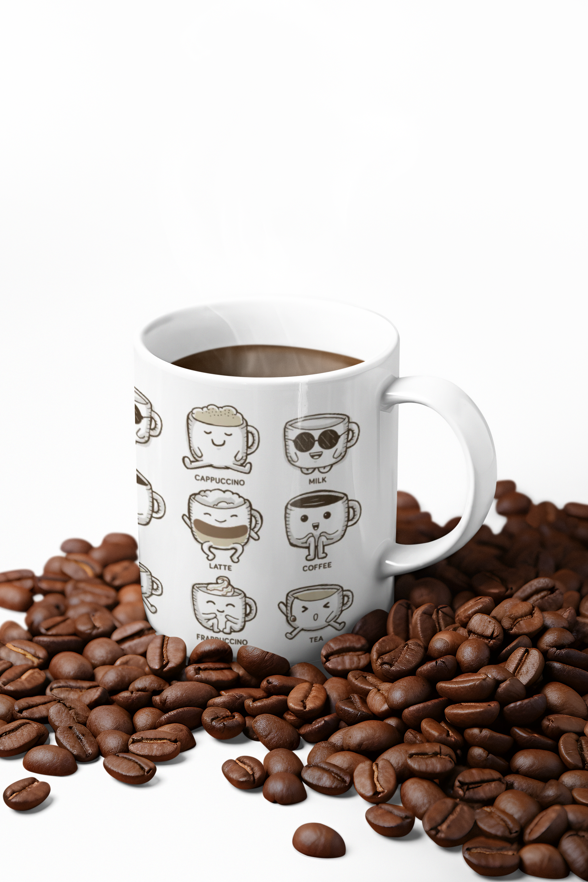 White ceramic mug with cartoon coffee and tea characters, surrounded by coffee beans.