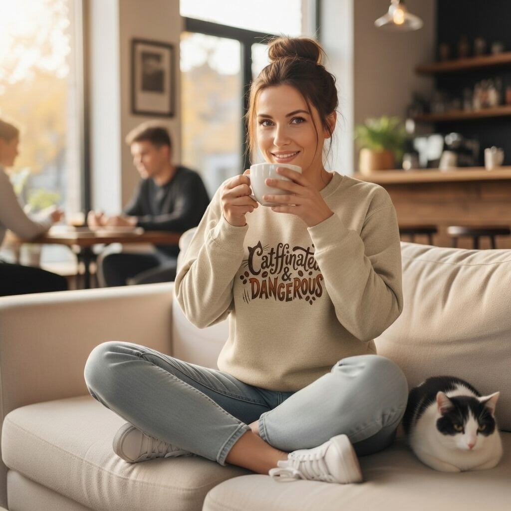 A woman in a beige sweatshirt with "Catffinated & Dangerous" text drinks coffee.