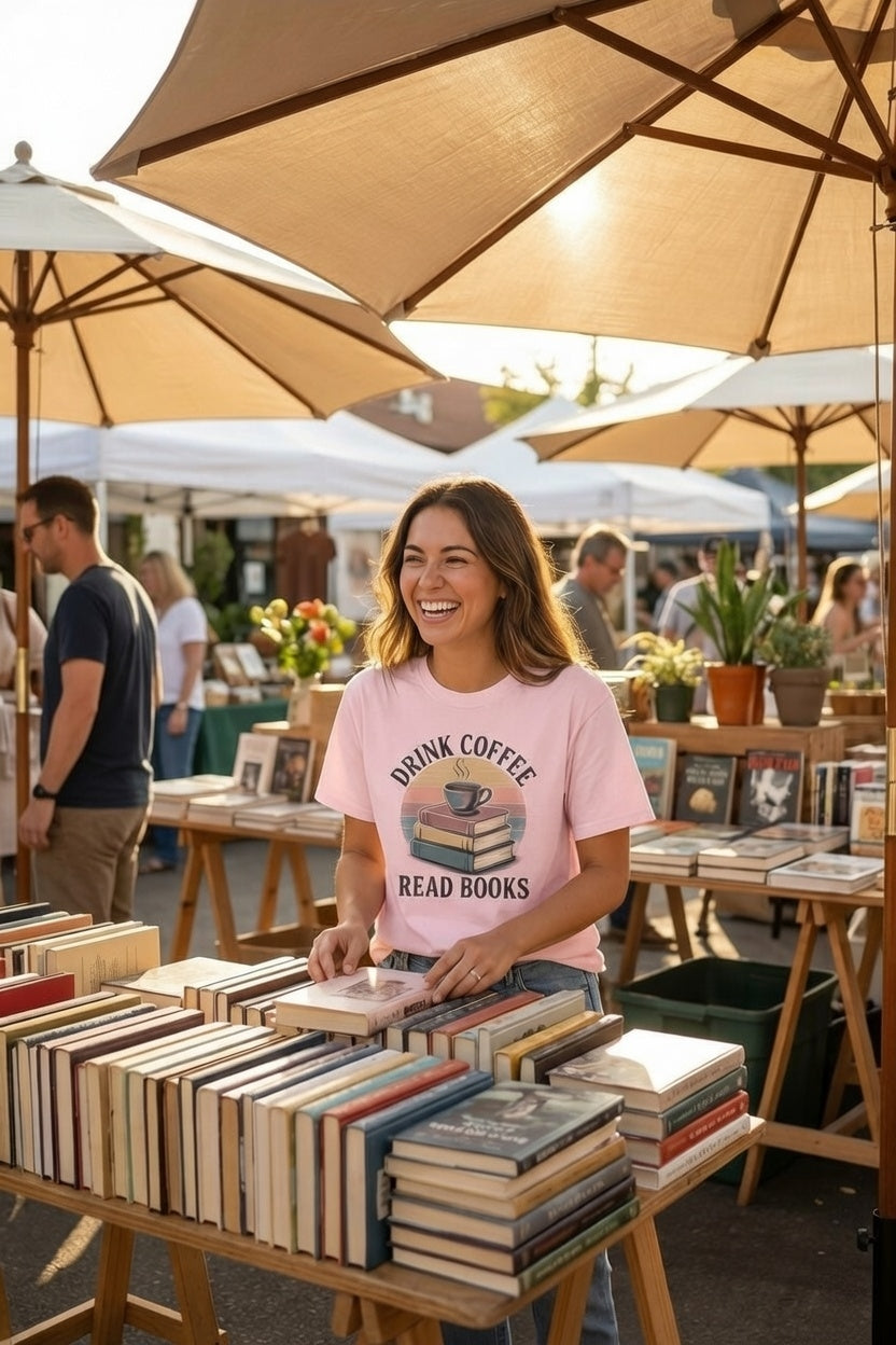 A woman wears a light pink t-shirt featuring a graphic of a coffee cup resting on a stack of books.