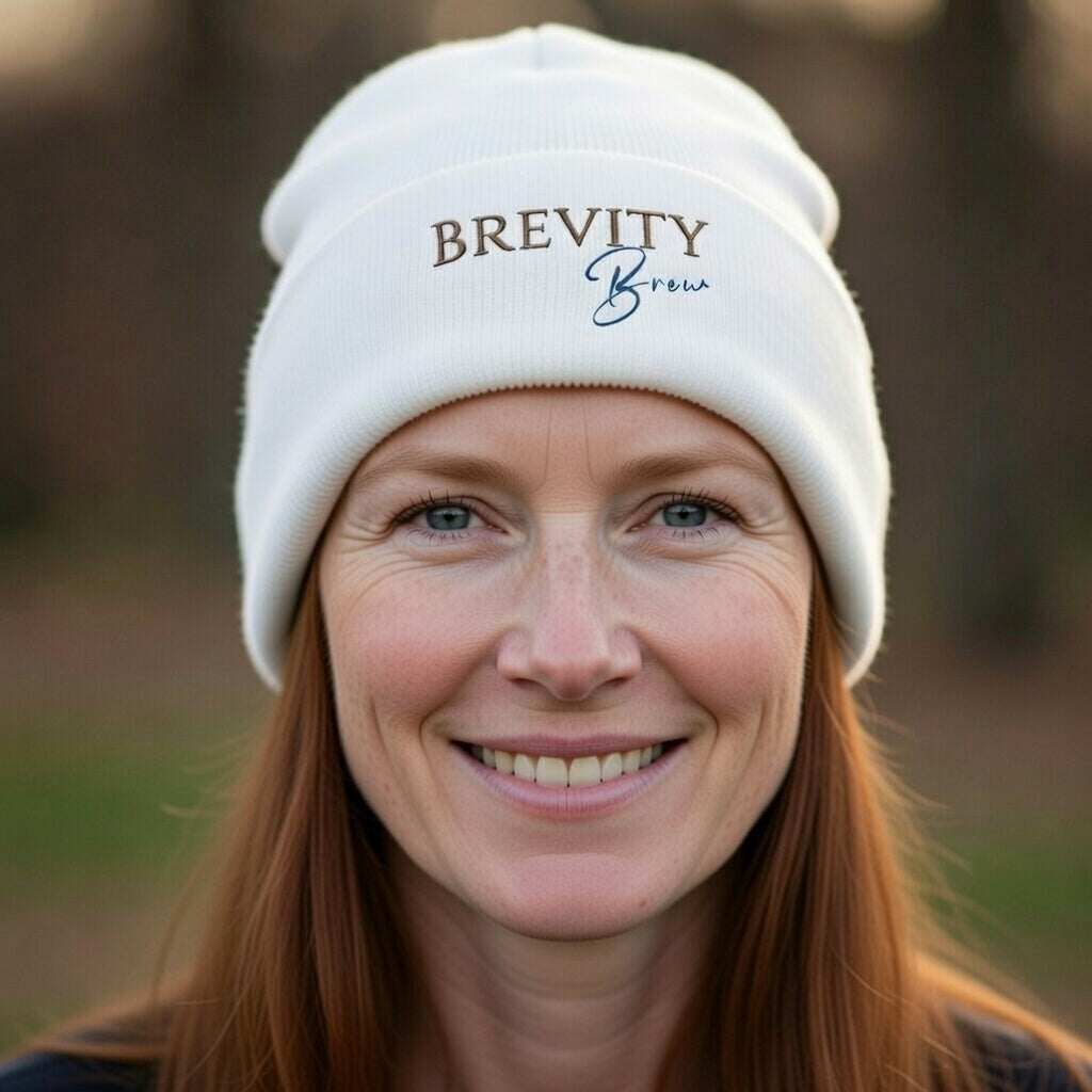 A white Brevity Brew embroidered cuffed beanie on a woman.