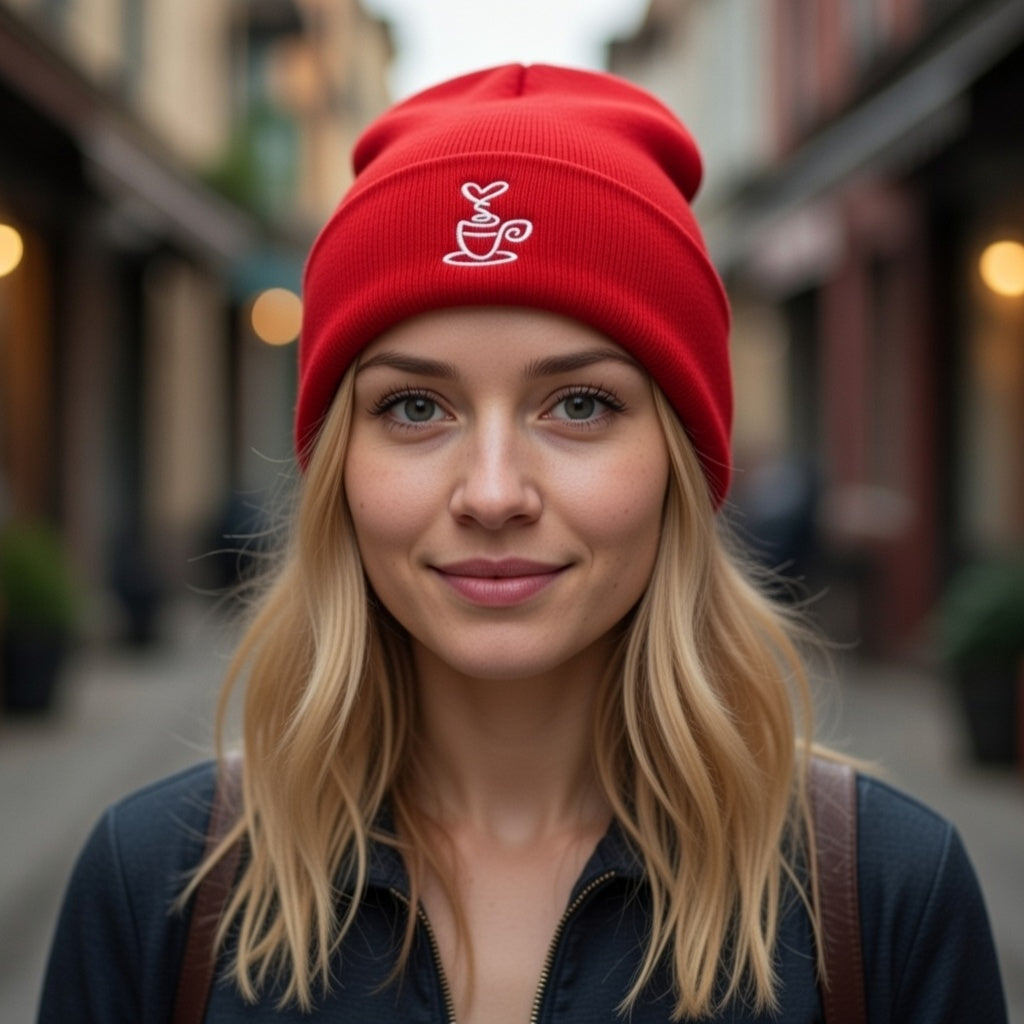 Red cuffed beanie with embroidered coffee cup detail.